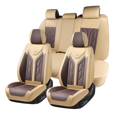 Image of Coverado Car Seat Covers Full Set, Automotive Seat Covers Car Seat Protector Car Seat Cushion, Waterproof Leather Seat Covers for Cars, Universal Fit for Most Sedans SUV Pick-up Truck(Beige&Coffee)