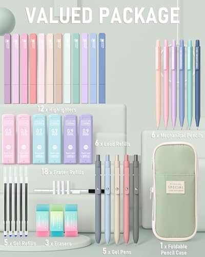 Four Candies 39 PCS Aesthetic School Supplies with Cute Pen Case, 12 Pastel Highlighters, 5 Black Ink Gel Pens, 6 Mechanical Pencils Set for Students Stationary College Essentials (Green) 5