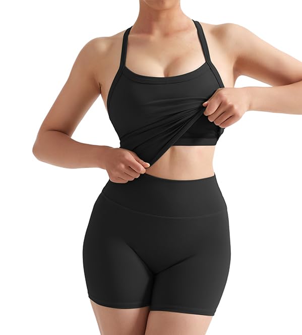 SUUKSESS Women 2 Piece Workout Sets High Waisted Tummy Control Biker Shorts Halter Padded Tank Tops4