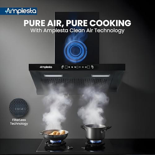 Image of Amplesta Sereno 75CM Chimney for Kitchen Auto Clean 1350 m3 /hr Vertical Wall Mounted Kitchen Chimney for Home Filterless Two Way Suction Touch & Gesture Control (Sereno MS AC FL 75 BK)