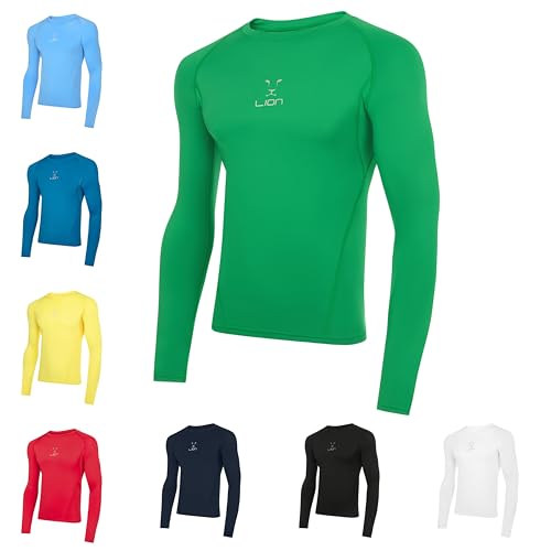 LION SPORTSWEAR Men's Football Compression Base Layer Long Sleeve Shirt – Performance Sports Top for All-Year Training - Green | 7 Years - 9 Years
