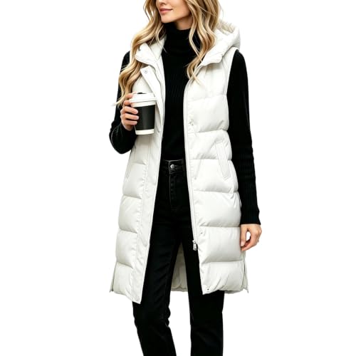 Image of White Longline Gilet For Women Hood Full Zip Button Long Puffer Gilets