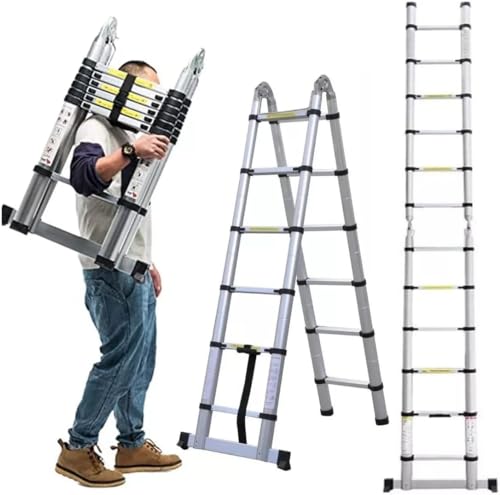 Telescopic Extension Ladder Portable Multi Purpose Folding Non-Slip 12.5ft/3.8m Stainless Steel Ladder EN131 Safe Standard 330 LB Load Capacity (1.9m + 1.9m A-Frame Ladder)