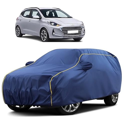 Image of Sulfar 100% Water Resistant Car Body Cover Compatible with Mirror for Hyundai Grand i10 Nios (Triple Stitched, Full Bottom Elastic, Blue Taffeta with Yellow Piping)