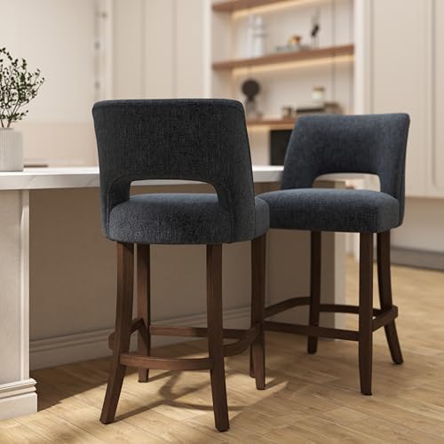 Image of VKNOW Bar Stools Set of 6, 26 inch Upholstered Counter Height Bar Stools, Modern Counter Stools with Wood Legs for Kitchen Island Dining Room Bar, Navy Blue
