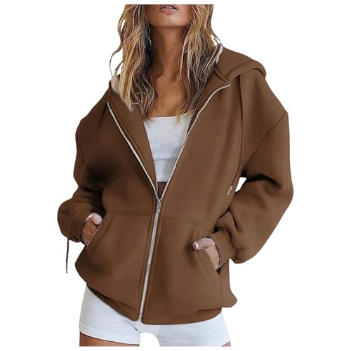 Generisch Sudadera para mujer y niña, monocolor, con capucha, manga larga, capucha, estilo deportivo, informal, fitness, entrenamiento básico, chaqueta con capucha, café, M