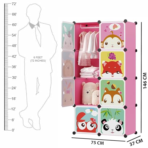 Image of LUHI Plastic Wardrobe for Kids Clothes - Easy to Use Anti-Skid & Non-Slip Effective Professional, Plastic Cupboard for Kids, Foldable Almirah, Collapsible Wardrobe (Pink HJ, 8-Shelf-8-Door)