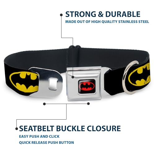 Buckle-Down Hundehalsband mit Schnalle, Batman-Schild, Schwarz/Gelb, 1.5' Wide - Fits 16-23' Neck - Medium, Mehrfarbig