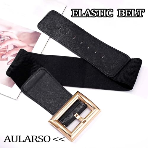 Women’s Wide Elastic Waist Belt for Dresses Gold Buckle Ladies Belt Black Leather Stretch Belt Fashion Waistband2