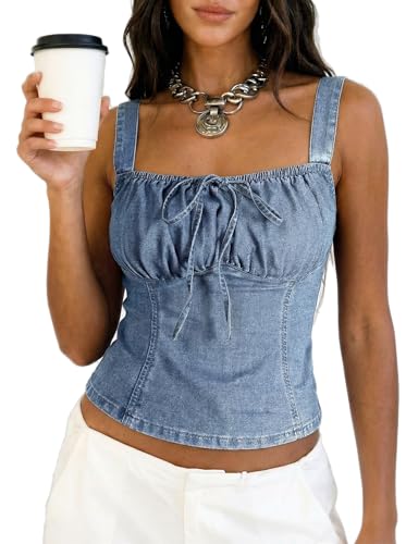 POLIRO Denim Corset Tops For Women Jean Vest Smocked Back Front Bow Square Neck Tank Crop Top Country Concert Outfits Western Light Blue Size 8 10 Medium