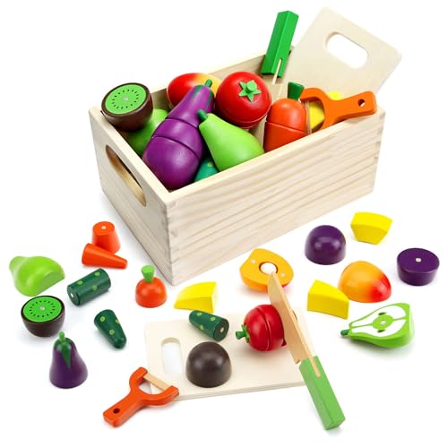 Image of GOPLACS Wooden Play Food Sets for Kids Kitchen - Cutting Fruits and Veggies Toddler Toys Pretend Food Play Kitchen Accessories Montessori Educational Toys Gifts for Kids Boys Girls 3+
