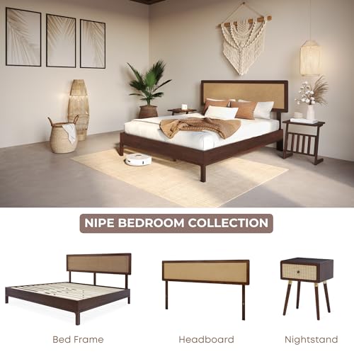 Bme S5YR2 Nipe Queen 14 Inch Bohemian Bed Frame With Adjustable Woven Headboard - Rustic & Vintage Unique Style With Acacia Wood - No Box Spring Needed - Easy Assembly - Walnut thumb #6