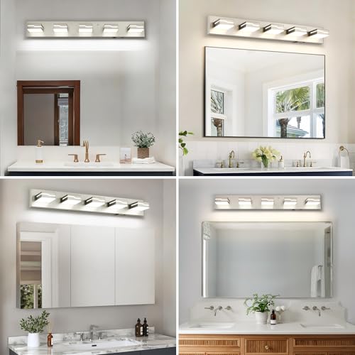 Image of 5-Light LED Bathroom Vanity Light, 32-Inch Brushed Nickel | Vanity Light Fixture with Wireless Motion Sensor, 3CCT Dimmable Lighting Over Mirror, Adjustable Acrylic Heads