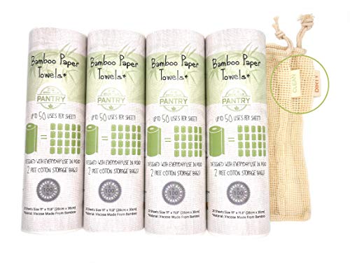 Grow Your Pantry Bamboo Paper Towels - 4 Pack Paper Towels Viscose Made From Bamboo - Eco Friendly Paper Towels, Machine Washable & Reusable Up To 50 Uses - Comes with Two Cotton Storage Bags