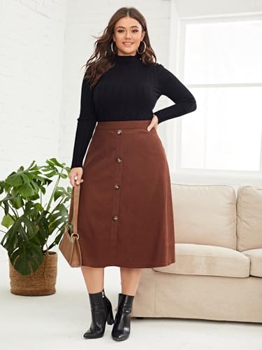 High Waisted Midi Skirt for Women Plus Size, Brown A-Line Button Front Vintage Flowy Skirt4