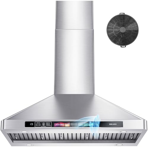 BRANO Campana de montaje en pared de 36 pulgadas 900 CFM con control de voz/gesto/táctil, ventilación de acero inoxidable con 4 velocidades, 4 luces ajustables, convertibles sin conductos (36 pulgadas