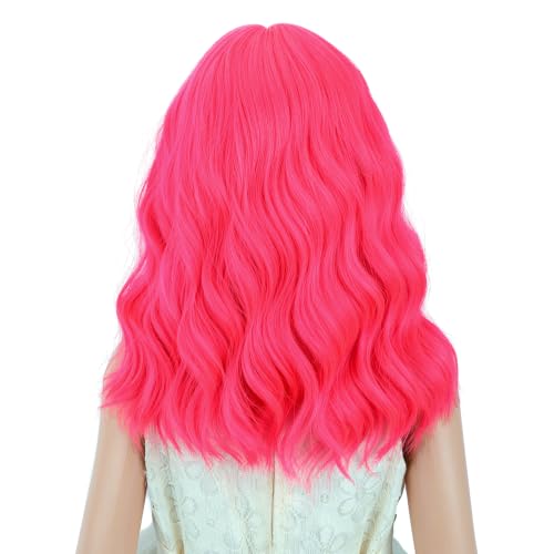 Image of PATTNIUM Light Hot Pink Wig for Kids Girls Short Curly Wavy Wigs with Bangs Neon Pink Shoulder Length Wavy Synthetic Wig Halloween Cosplay Costume Party Wig