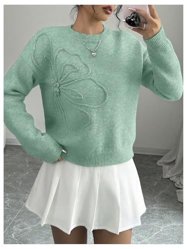 Image of RoseSeek Women's 3D Floral Appliques Crewneck Sweaters Long Sleeve Drop Shoulder Pullovers Elegant Knit Tops