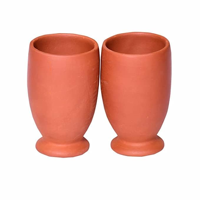 KRISHANA EXPORT STORE Handcrafted Clay Water Glass - Handmade Earthen Clay Drinking Glass | 100% Organic & Natural | Non-Toxic & Eco-Friendly | (Set of 2 - Big - 350ml)