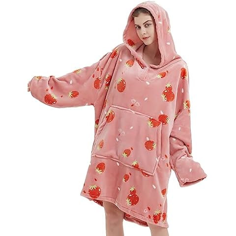 ABENCA Wearable Blanket Hoodie Adult Oversized Sweatshirt Light Flannel Sherpa, Warm and Cozy, One Size Fits All.Strawberry Cover