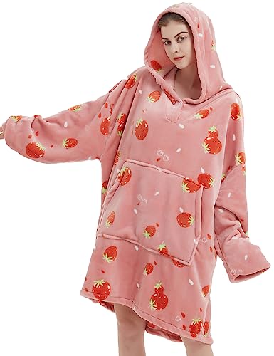 Image of ABENCA Wearable Blanket Hoodie Adult Oversized Sweatshirt Light Flannel Sherpa, Warm and Cozy, One Size Fits All.Strawberry