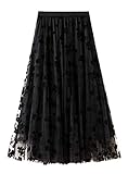 CHARTOU Women's Elastic High Waist Tulle Ruffle Pleated A-Line Swing Midi Skirt (Medium, Black)