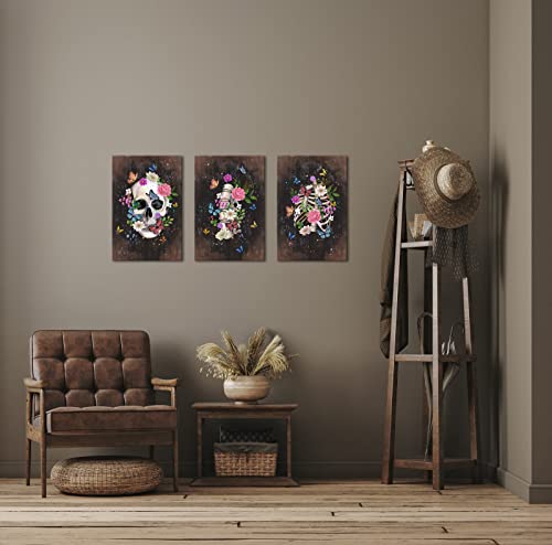 Fushvre Sugar Skull Wall Art Canvas Human Bone With Colorful Flowers And Butterflies Painting Brown Skeleton Canvas Decor For Bedroom Bathroom Halloween Mexican Day Of The Dead Ready To Hang #TOP1