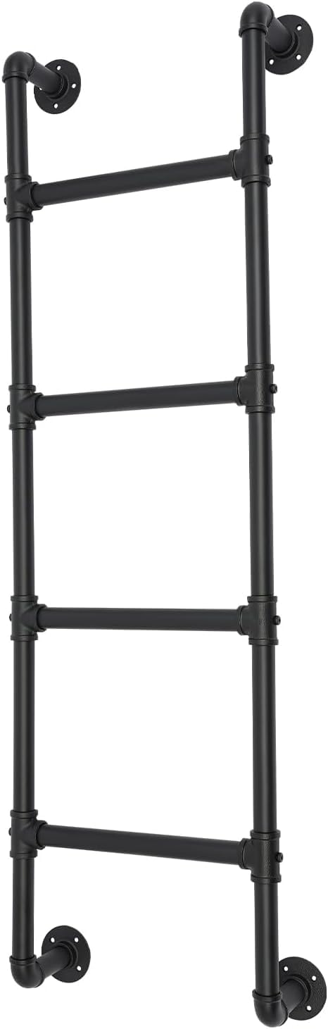 Escalera de Litera de 4 Peldaños, 4.1×1.5 Pies Montaje en Pared Salida de Emergencia de Pozo de Ventana de Sótano, Negro Hierro Forjado Escalón de Tubería Industrial Soporta 330 libras, Metal Interior