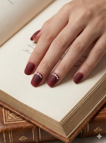 Image of Fake Nails with Glue and Kit| Press On Nails | ABS Material UV Protected Long Lasting Finish | Reusable Customizable Nail Kit (Burgundy - Short Squre)
