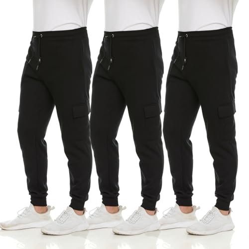 3 Pack: Men's Fleece Cargo Jogger Active Athletic Sweatpants with Pockets