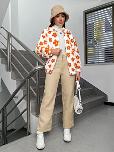 Jackets For Women Floral Pattern Drop Shoulder Teddy Jacket Women's Jackets (Color : Multicolor, Size : Medium) #TOP3