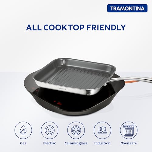 Image of Tramontina FUSAO EX+ 26cm Triply Stainless Steel Ceramic Coated Grill Pan | Pan for Grilling, Searing, Barbeque | Tandoori Pan /Grill | Gas /Induction Cookware | Stay Cool Handle | 10 Year Warranty*