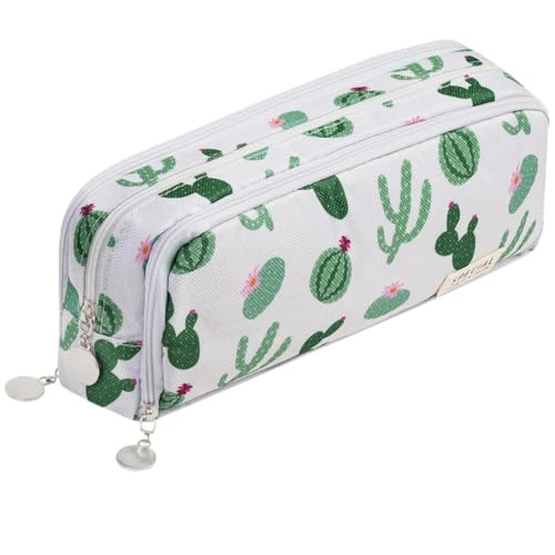 OFFCUP Trousse à Crayons, Grande Capacité Trousse Scolaire pour Garcon Fille, Sac à Crayons avec 3 Compartiments, Sac De Papeterie Organisateur pour Éclair Fourniture L'École (Cactus)