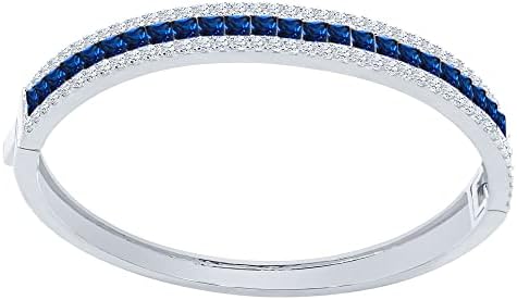 USDIAMONDKING 18+ Grams Real Genuine Italian Sterling Silver Sapphire Blue 6.75 Cwt. Princess & Round Cut Simulated Diamond 14K White On Bangle Bracelet