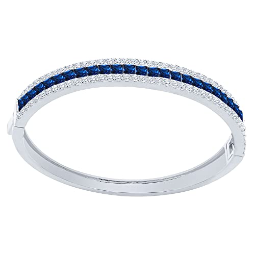 Usdiamondking 18+ Grams Real Genuine Italian Sterling Silver Sapphire Blue 6.75 Cwt. Princess & Round Cut Simulated Diamond 14K White On Bangle Bracelet #TOP1