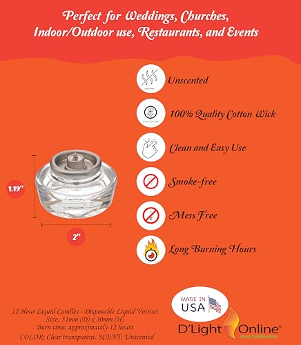 Image of D'Light Online HD12-144 Disposable Liquid Candles 12 Hour Liquid Votive Fuel Cell Oil Candle Cartridge Clear Votive Candles Fuel Cells for Restaurant, Hotels, Wedding Table Top Lights - Set of 144