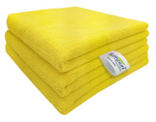 Image of SOFTSPUN Microfiber Cleaning Cloths 50X50 cms 3 pcs Towel Set 340 GSM Yellow! Highly Absorbent Lint and Streak Free Multipurpose Wash Cloth for Kitchen Car Window Stainless Steel Silverware.
