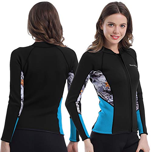 Womens Wetsuit Top, 2mm Zip Wetsuit Jacket Long Sleeve for Canoeing Sea Kayaking