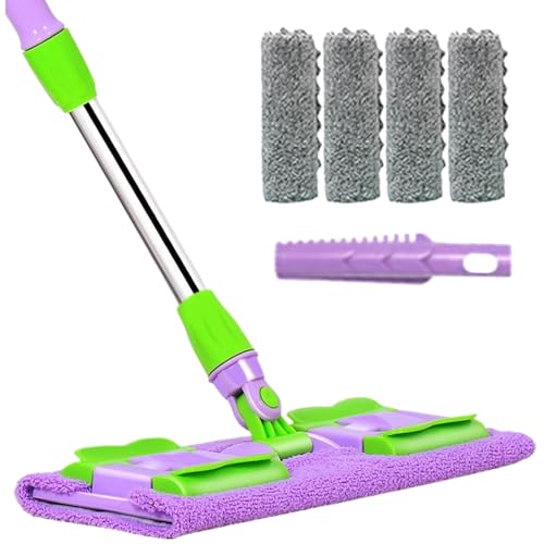 Gifyym Escoba Plana | Fregona para Azulejos con 4 cabezas lavables, mango telescópico giratorio 360° y raspador antipolvo