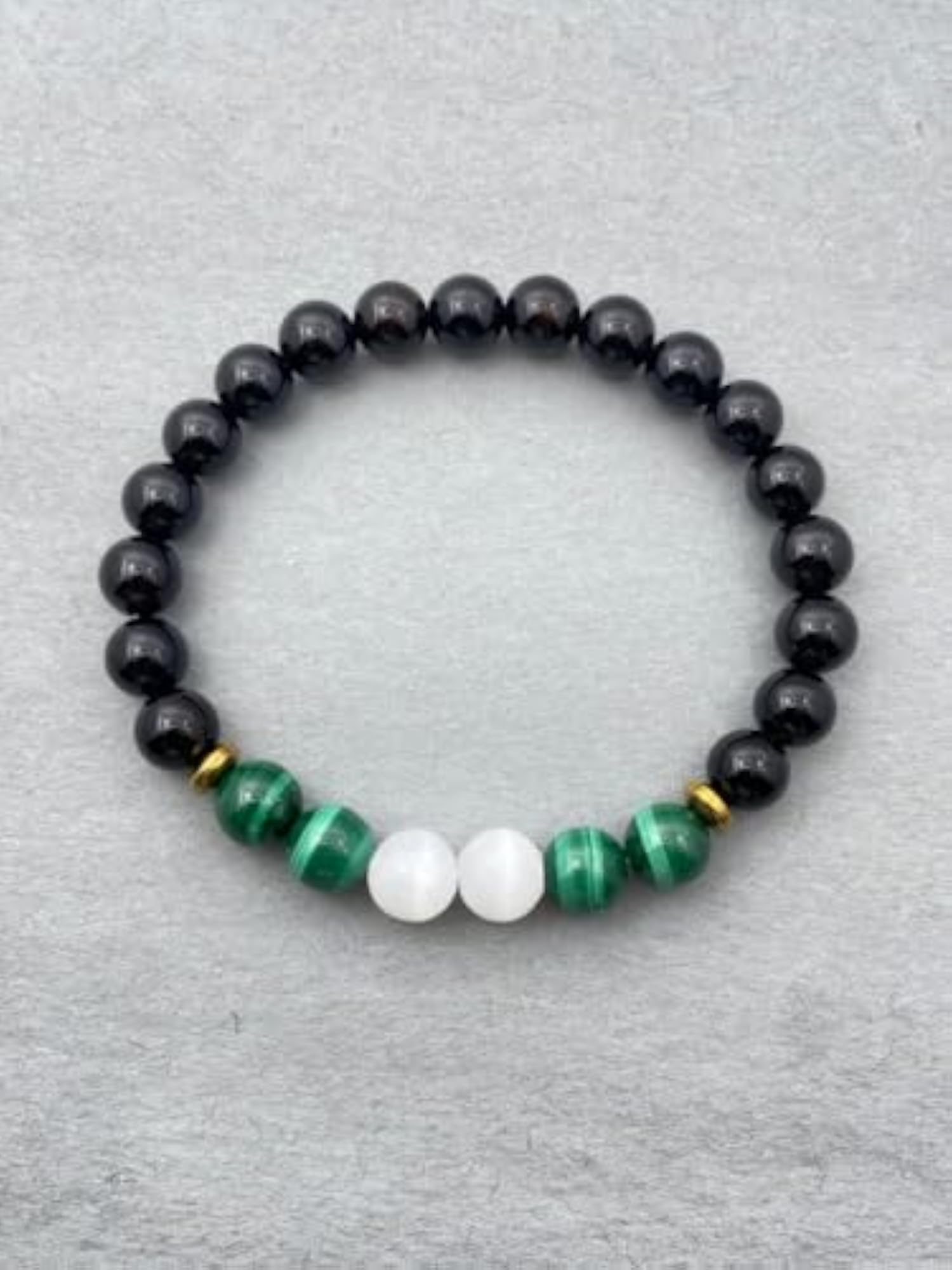 Natural Selenite, Black Onyx & Malachite 8mm Round Bead Stretchable Bracelet