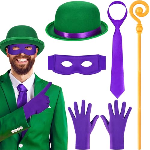 GANSHAYA 5 Pcs Question Mark Costume Accessories Green Derby Hat Gold Question Mark Cane Eye Mask Gloves Tie for Adult Women Men Halloween Party Cosplay Dress Up