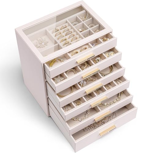 Vlando Schmuckkästchen Groß, Schmuckkasten mit 4 Ebenen, Schmuck Organizer mit Glasdeckel, 4 Schubladen,für Halsketten, Ohrringe, Uhren, Armbänder, Schmuckaufbewahrung, Modern