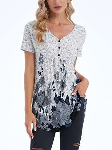 BAISHENGGT Women's V Neck Short Sleeve Buttons Pleated Flared Tunic Tops Grey - Peony XXL4