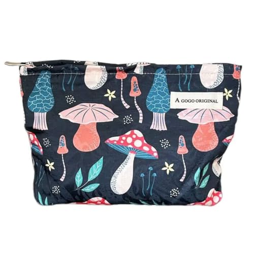 Cosmetic Bags for Women, Large Makeup Pouch for Purse, Mushroom Navy Blue