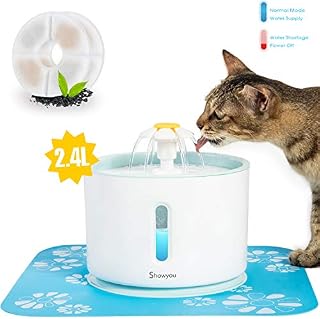 Showyou Cat Water Fountain, 80oz/2.4L Water Level Window with LED Light Automatic Flower