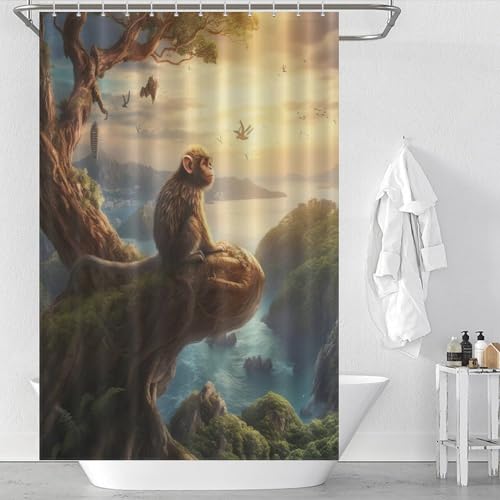 Rideau de douche imperméable et lavable motif singe en polyester robuste