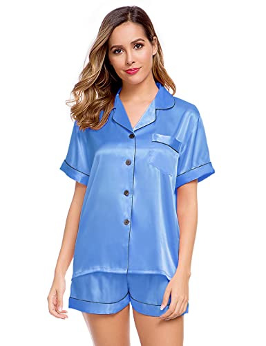 Image of LecGee Womens Silk Satin Pajamas Short Sleeve Loungewear Two-Piece Sleepwear Button-Down Pj Set