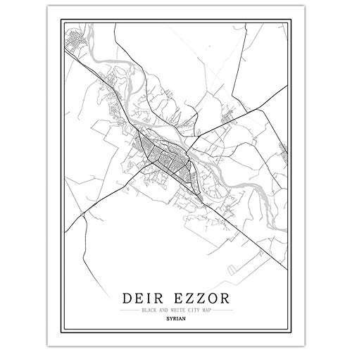 Carte de Deir Ezzor en affiche sur toile noir et blanc format vertical 70x100 cm