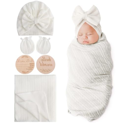 Image of AQOKKA Newborn Receiving Blanket with Bow Hat Mittens Wooden Card Set Wheat-Pattern Newborns Toddler Baby Boy Girl Nursery Swaddle Wrap