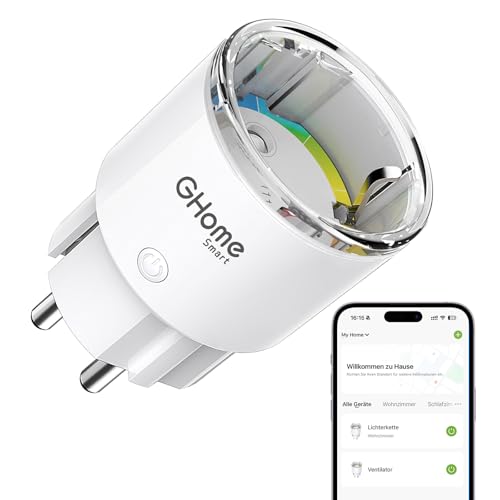 GHome Smart WLAN Steckdose,Kleinste WiFi Steckdose Zubehör App Fernbedienung, Stromverbrauch Messen Sprachsteuerung,Zeitplan,Funktioniert mit Alexa Google Home,TÜV-Zertifiziert, Nur 2,4GHz WiFi, White
